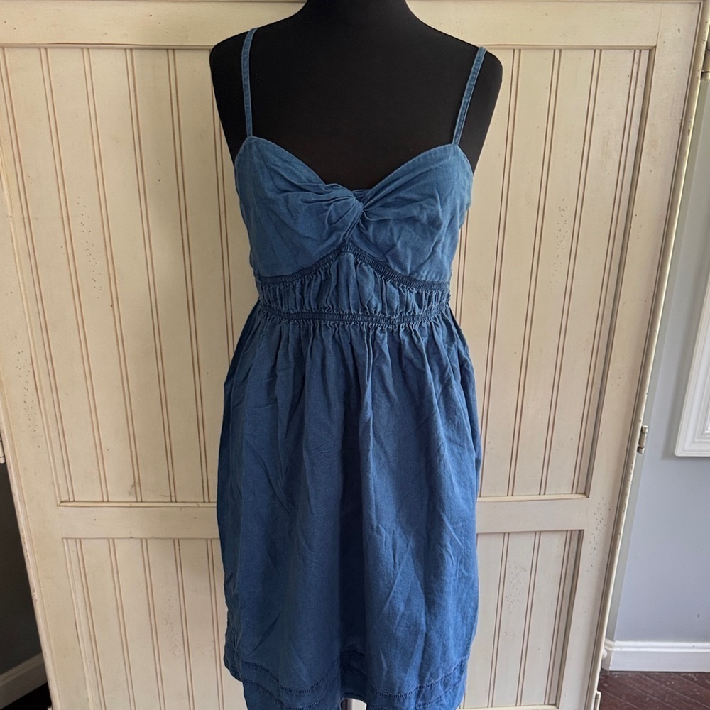 J Crew Womans Pullover Boho Western Chic Blue Linen Blend Denim Dress